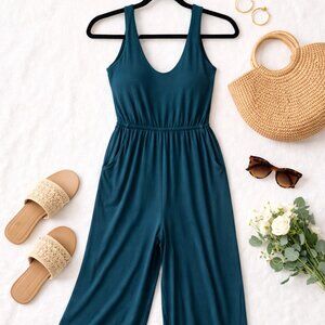 Teal Halter Jumpsuit Romper | Wide Leg | Elastic Waist | Summer Vacation Outfit
